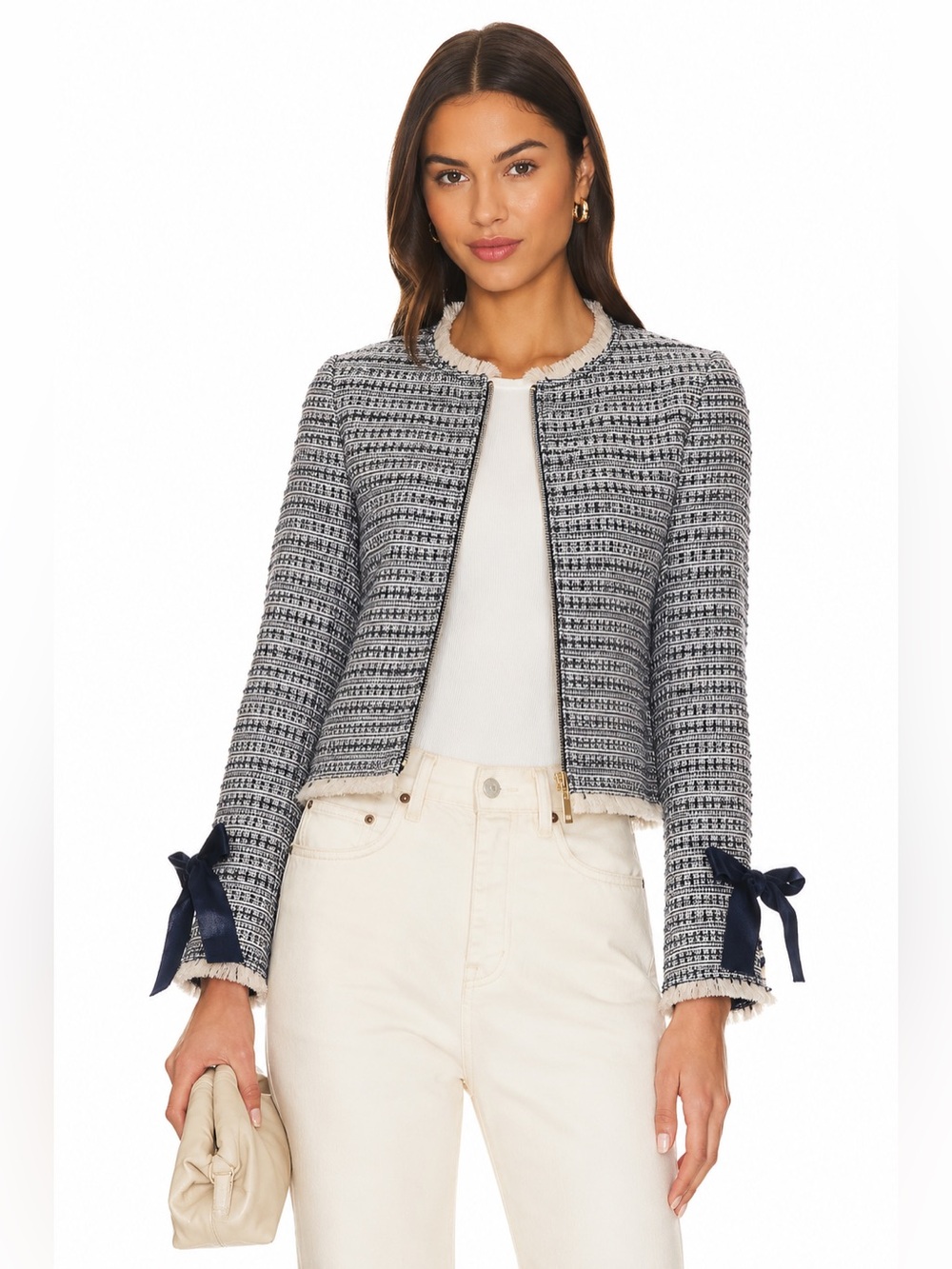Club Monaco Tweed Zip Jacket Navy Cream Fringe Bow Sleeve Blazer Size 4